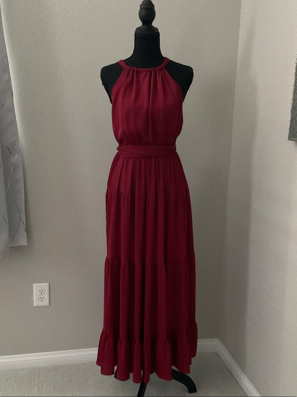 NWT  Aakaa Burgundy Halter Maxi Dress with Tiered Skirt